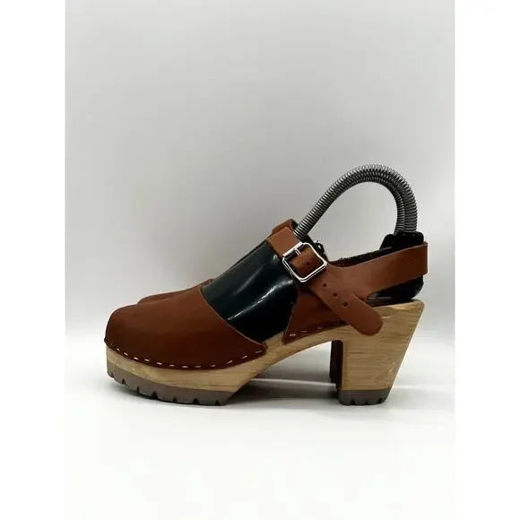 Freja Clogs Women Size 6.5 Cinnamon Brown Leather Sweden Wood Rubber Base Mules - Picture 3 of 6